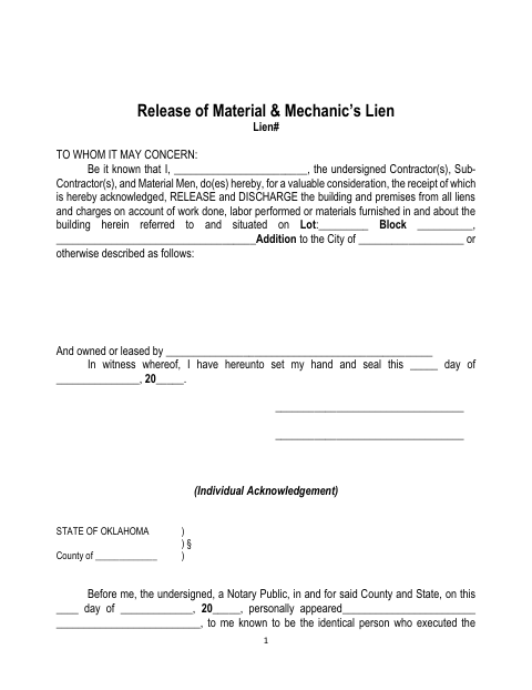 Release of Material and Mechanic’s Lien, Rogers County form, first page