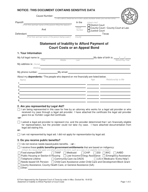 First page of the Statement of Inability to Afford Payment of Court Costs or an Appeal Bond