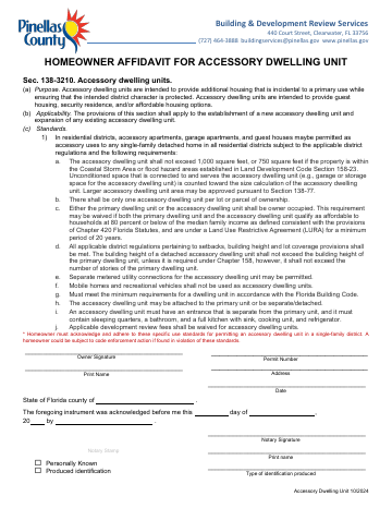 Homeowner Affidavit For Accessory Dwelling Unit — Pinellas County form, first page