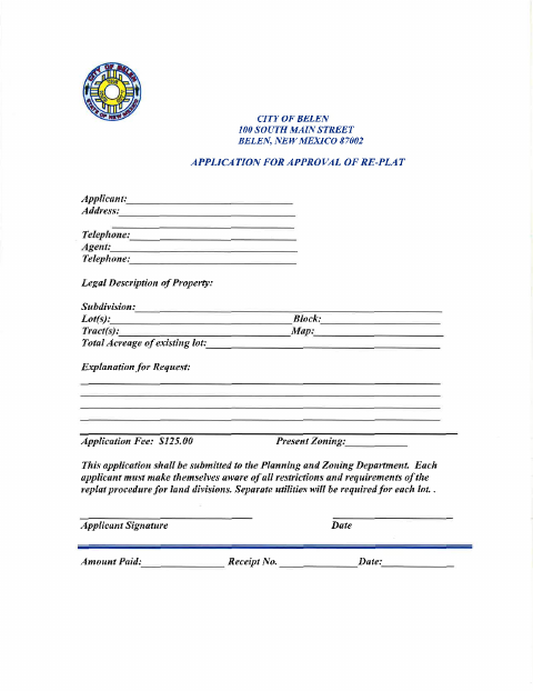 First page of the Application for Approval of Re-Plat