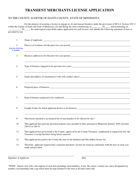First page of the Transient Merchants License Application