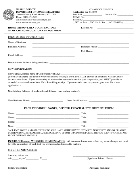 Home Improvement Contractor Name or Location Change Form, Nassau County form, first page