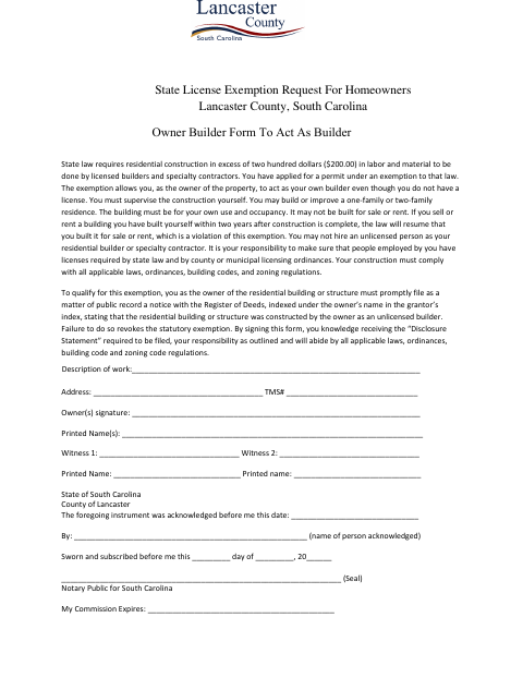 State License Exemption Request For Homeowners, Lancaster County form, first page