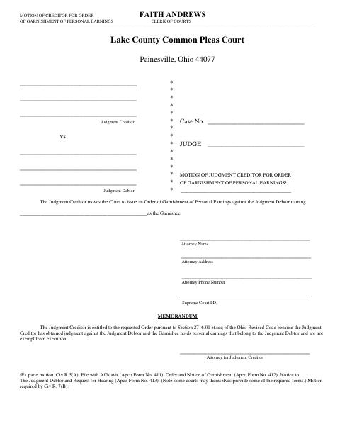 Motion of Judgment Creditor for Order of Garnishment of Personal Earnings, Lake County form, first page