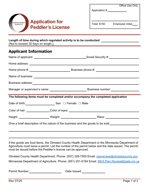 Peddler’s License Application, Olmsted County form, first page
