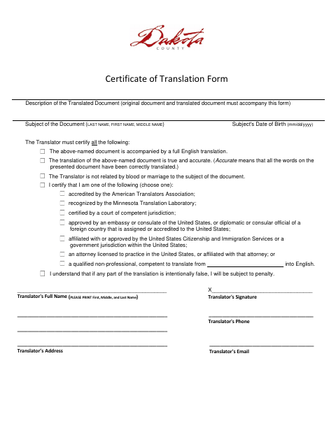 First page of the Certificate of Translation Form