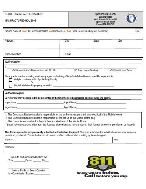 Permit Agent Authorization, Spartanburg County form, first page