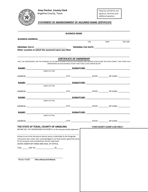 Statement Of Abandonment Of Assumed Name Certificate, Angelina County form, first page