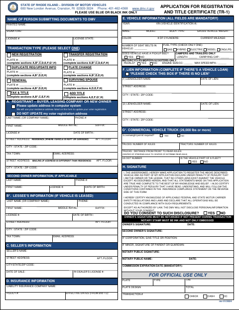 Application for Registration and Title Certificate TR-1 first page