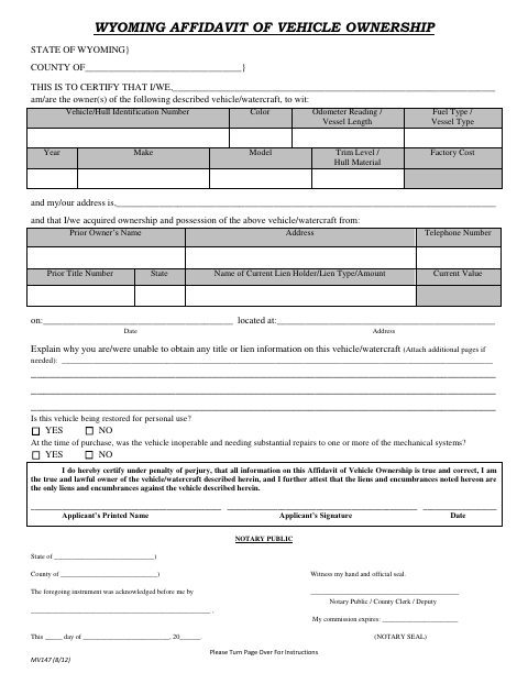Affidavit of Vehicle Ownership, Natrona County form, first page