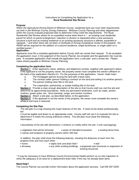Rural Residential Site Review Application, Whitman County form, first page