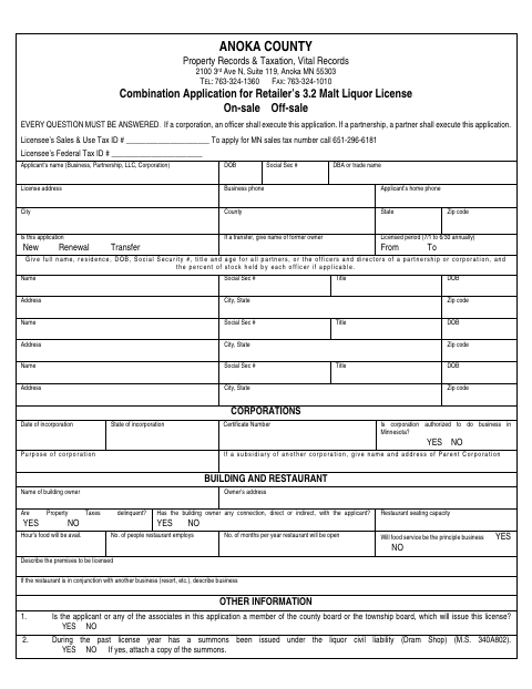 Combination Application for Retailer’s 3.2 Malt Liquor License, Anoka County form, first page