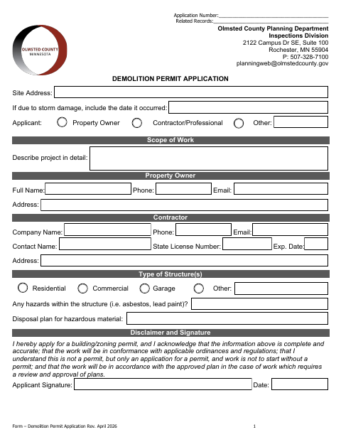 First page of the Demolition Permit Application