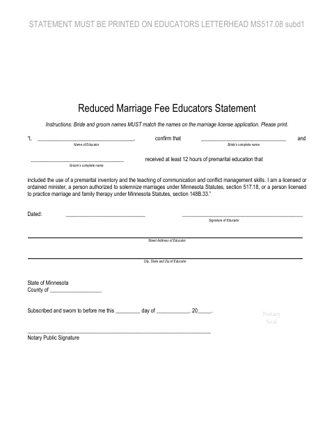 Premarital Education Certificate, Sibley County form, first page