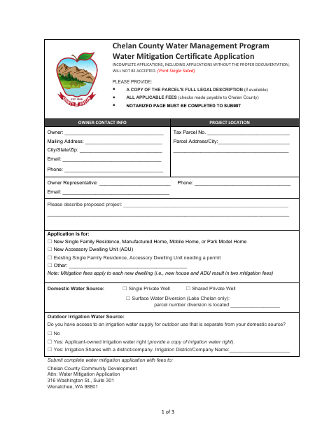 Water Mitigation Certificate Application, Chelan County form, first page