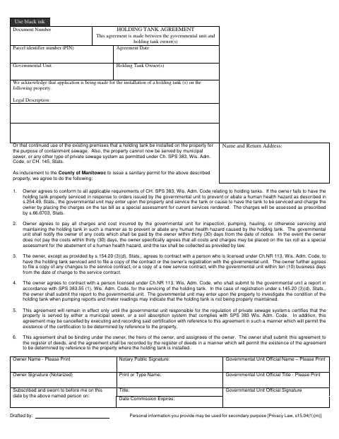 Holding Tank Agreement, Manitowoc County form, first page