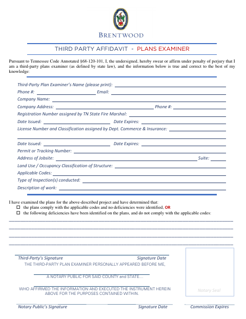 First page of the Third-Party Plans Examiner Affidavit