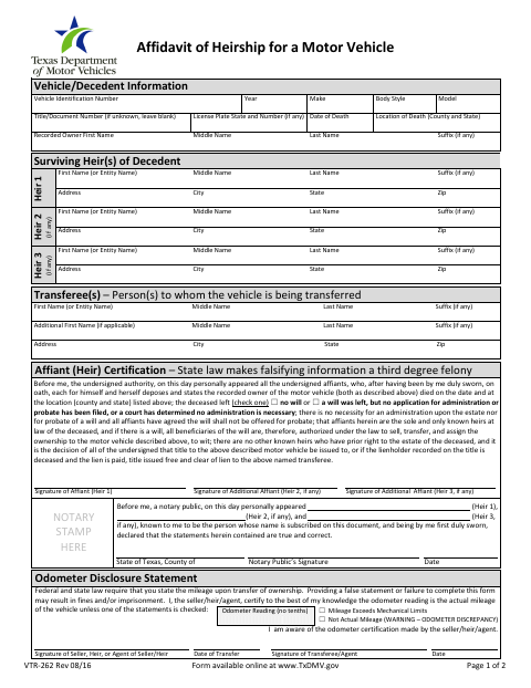 Affidavit of Heirship for a Motor Vehicle, Webb County form, first page