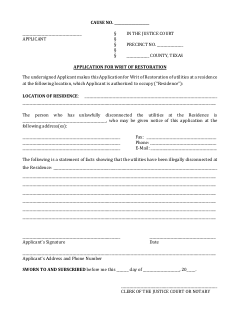 Application For Writ Of Restoration, Ellis County form, first page