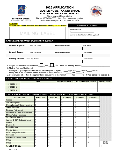Mobile Home Tax Deferral Application, City of Newport News form, first page