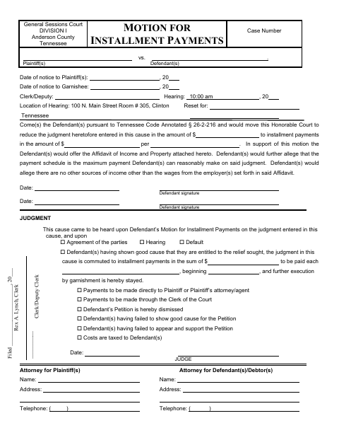 Motion for Installment Payments, Anderson County form, first page