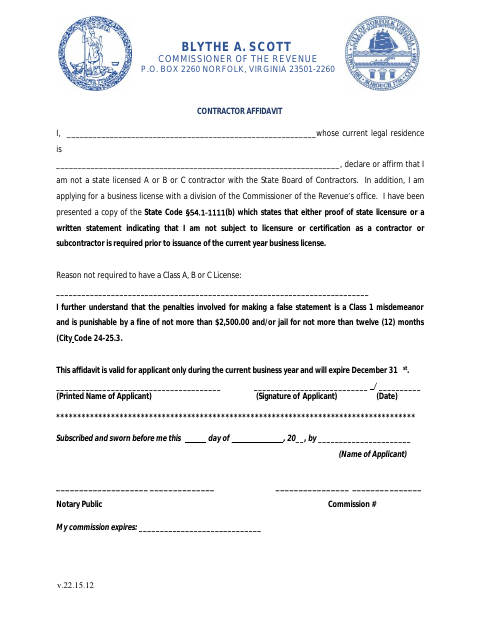 Contractor Affidavit, City of Norfolk form, first page