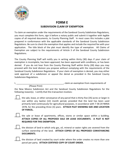 Claim of Exemption, Sandoval County form, first page