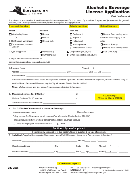 First page of the Alcoholic Beverage License Application Part 1