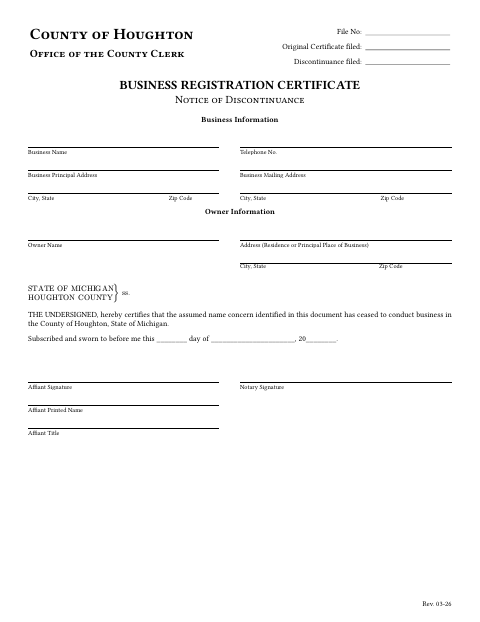 Business Registration Certificate Discontinuance, Houghton County form, first page