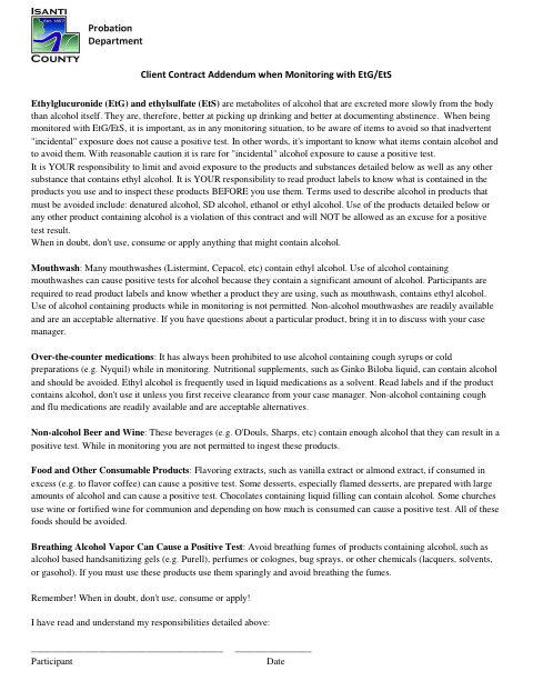 First page of the Client Contract Addendum When Monitoring With EtG/EtS