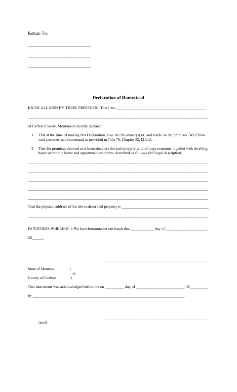 Declaration of Homestead, Carbon County form, first page