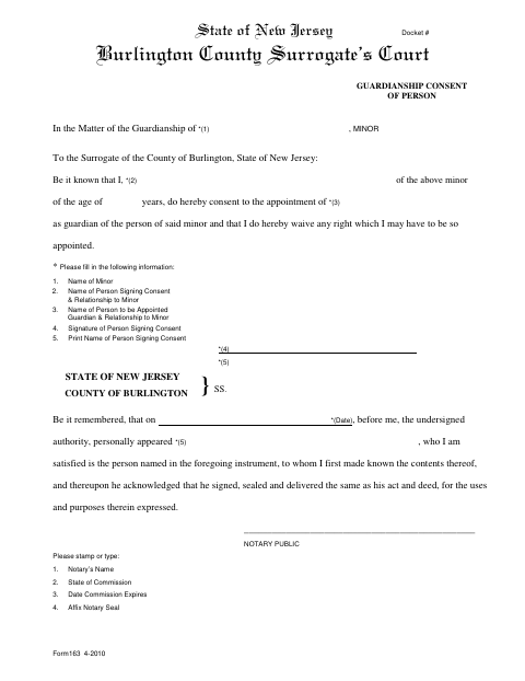 Guardianship Consent of Person, Burlington County form, first page