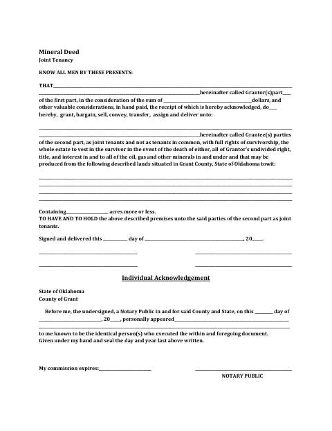 Joint Tenancy Mineral Deed, Grant County form, first page