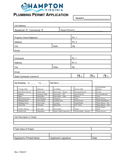 Plumbing Permit Application, City of Hampton form, first page