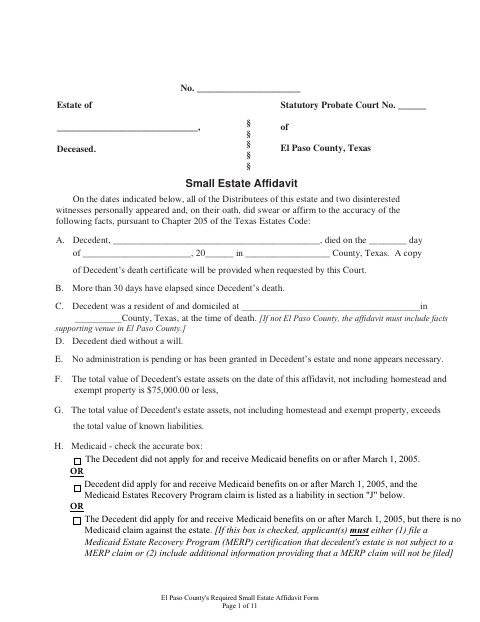 Small Estate Affidavit, El Paso County form, first page