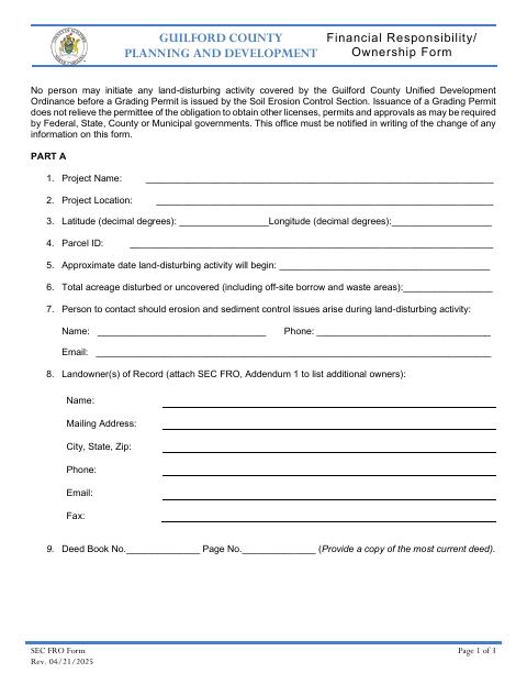 Financial Responsibility and Ownership Form, Guilford County form, first page