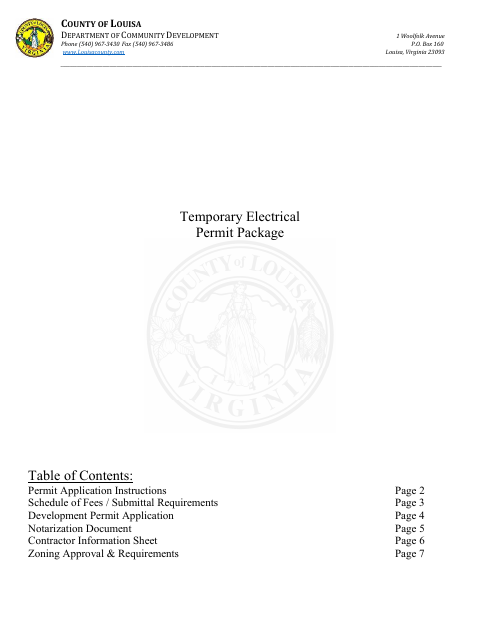 Temporary Electrical Permit Package, Louisa County form, first page