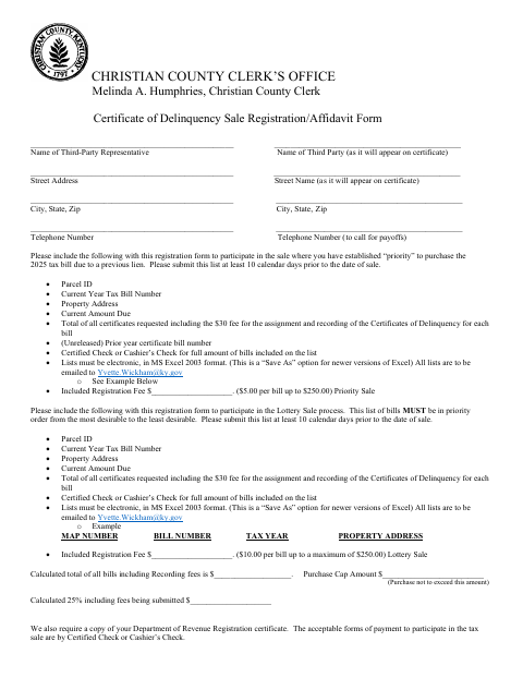 Certificate Of Delinquency Sale Registration/Affidavit Form, Christian County form, first page
