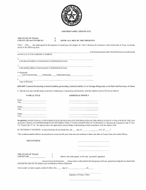 Assumed Name Certificate, San Patricio County form, first page