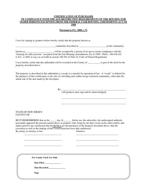 Purchaser Age Restriction Compliance Certification, Hunterdon County form, first page