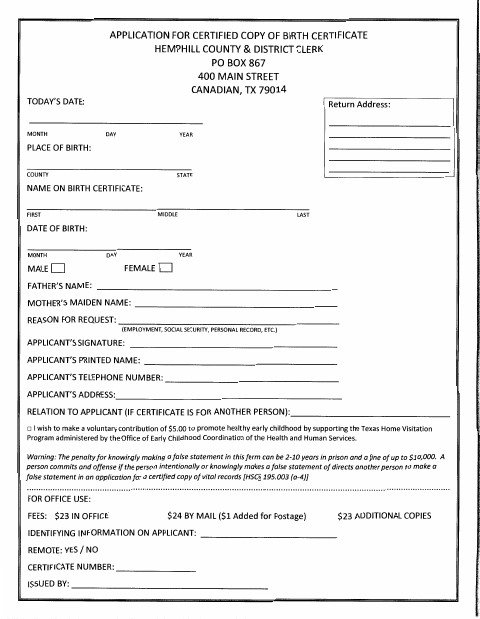 Application for Certified Copy of Birth Certificate, Hemphill County form, first page