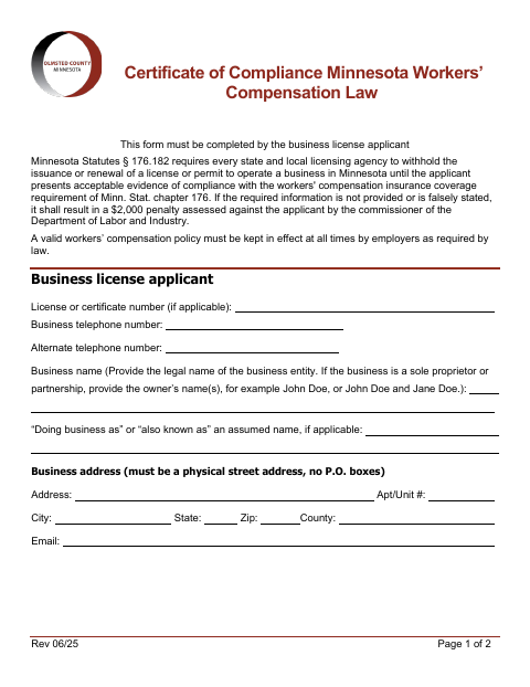 First page of the Certificate of Compliance Minnesota Workers’ Compensation Law