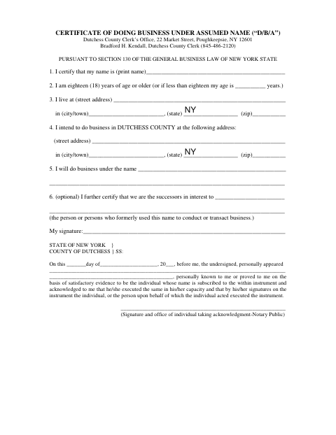 Certificate of Doing Business Under Assumed Name, Dutchess County form, first page