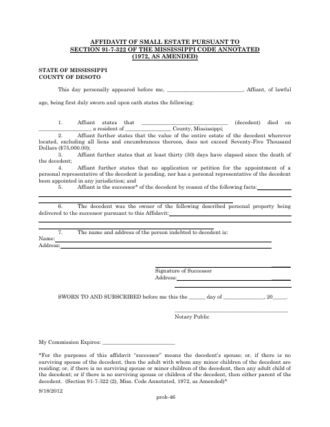 Affidavit of Small Estate, DeSoto County form, first page