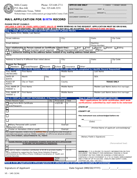 Birth Record Application, Mills County form, first page
