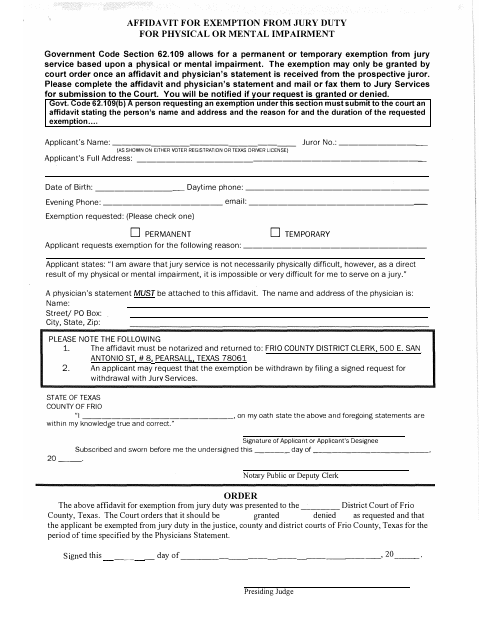 Affidavit for Exemption from Jury Duty for Physical or Mental Impairment, Frio County form, first page