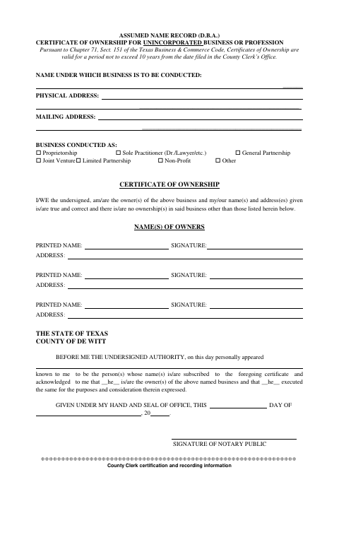 Assumed Name Record Certificate of Ownership, DeWitt County form, first page