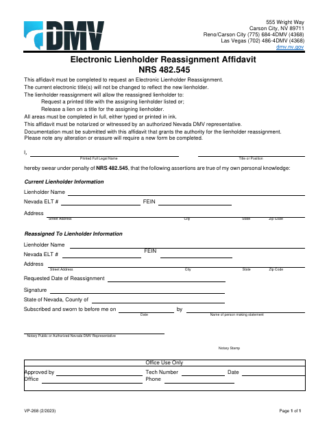 VP-268 Electronic Lienholder Reassignment Affidavit first page