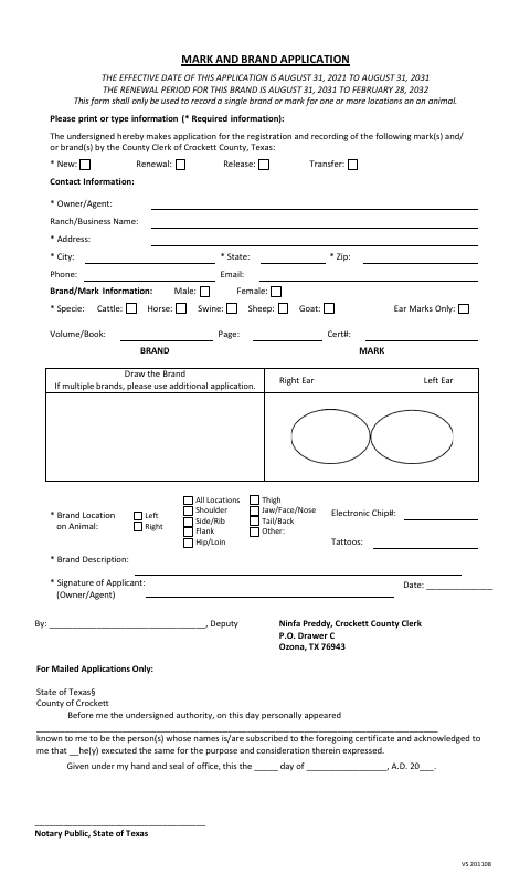 Mark and Brand Application, Crockett County form, first page