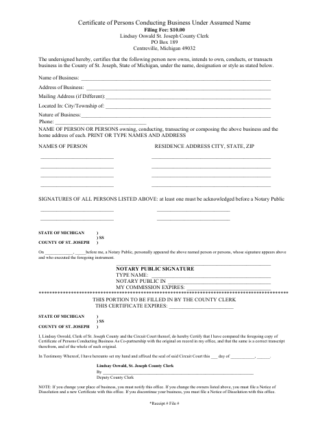 Certificate of Persons Conducting Business Under Assumed Name, St. Joseph County form, first page